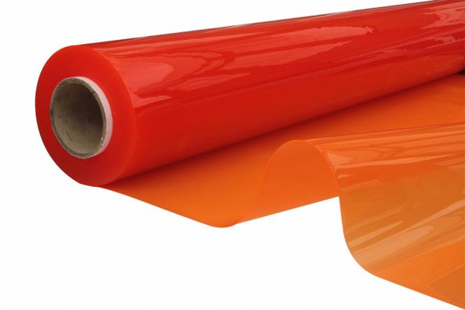 Doorzichtig zeil, vlamvertragend plastic folie 140 cm, 0,60 mm, oranje