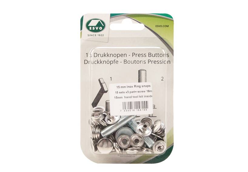 Set ESVO verschroefbare drukknopen Ø 15 mm messing vernikkeld, 15 stuks