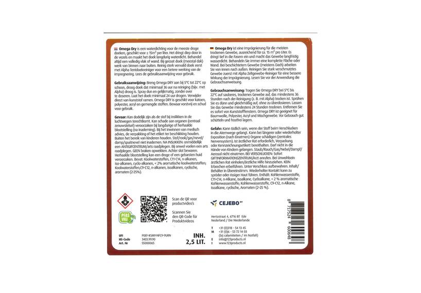 123 Products Omega Dry impregneermiddel voor zonnescherm-, tent- en bootdoek, 2,5 liter